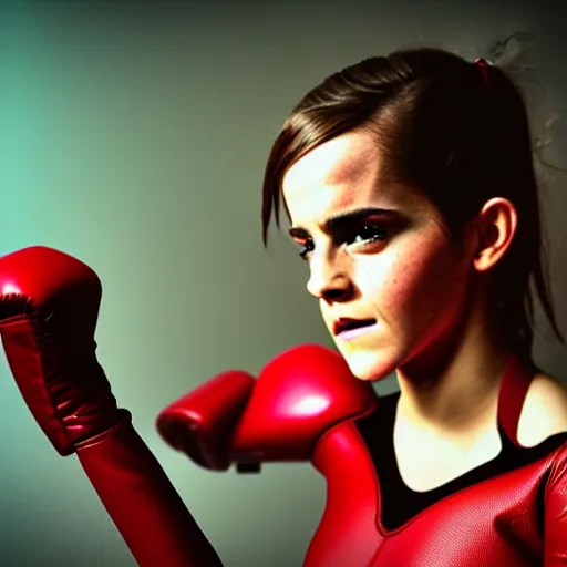 Image similar to beautiful Emma Watson as The Wasp from Marvel, boxing moment of knock out with brews blood sweating, photography photojournalism, very grainy image, 50mm lens, close up portrait polaroid