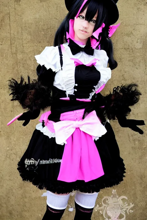 Image similar to Anime Catgirl with black fur, pink hair, and pink eyes in Gothic Lolita maid costume wearing small top hat