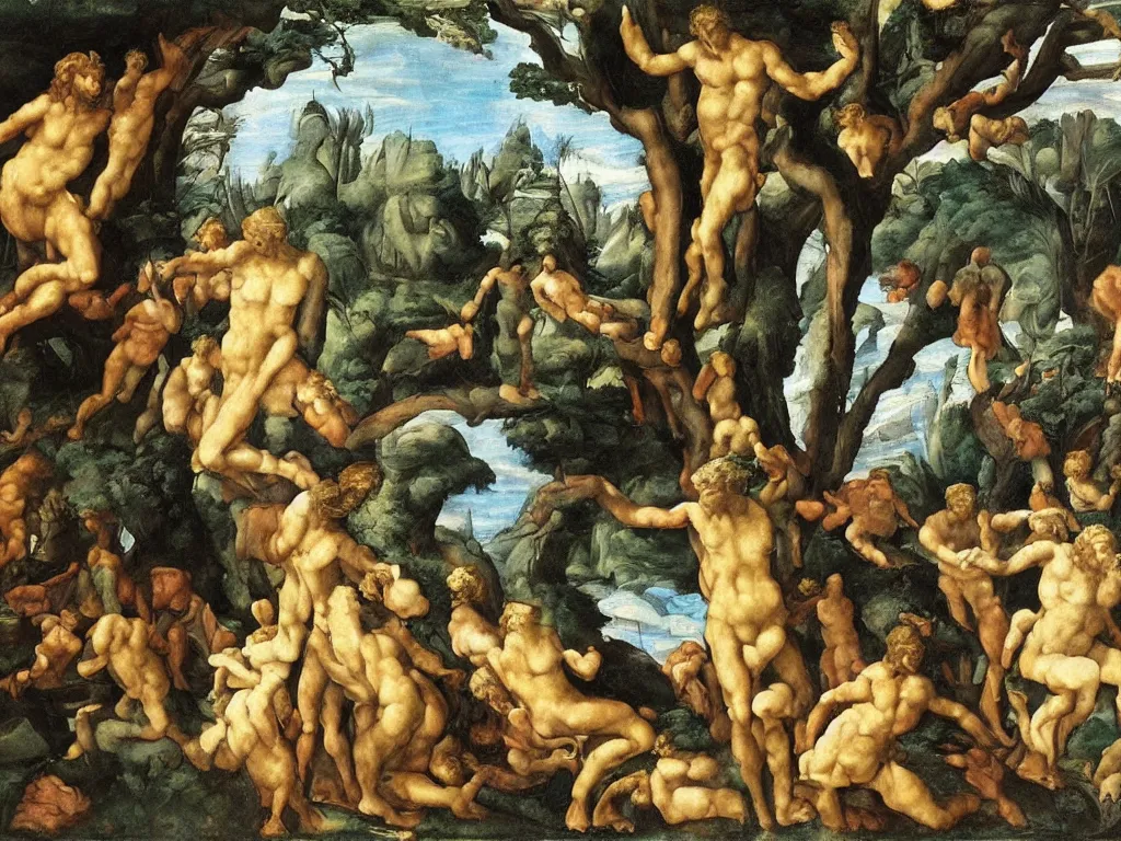 Prompt: Garden of Eden with no humans by Michelangelo, mythological painting, oil painting