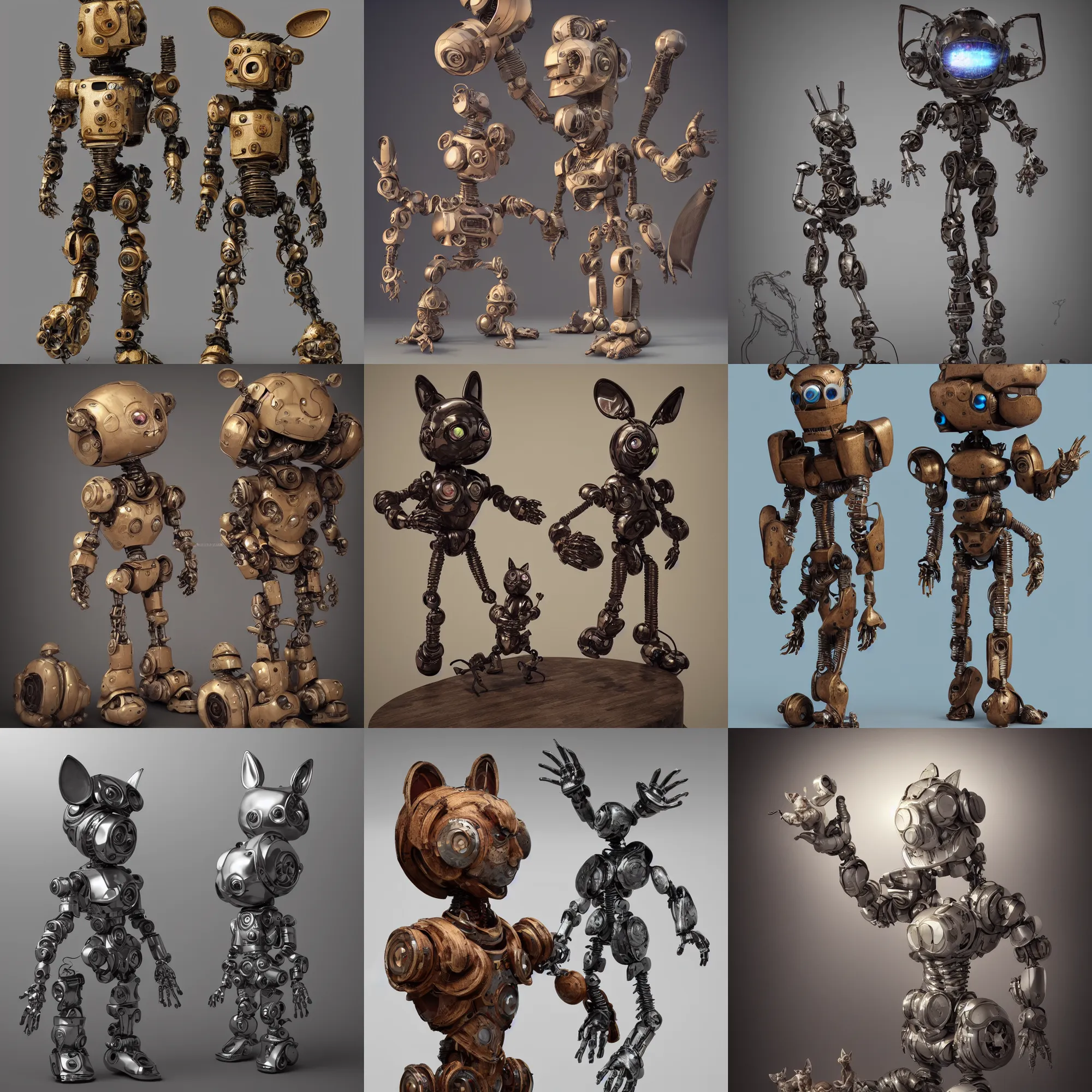 Prompt: 3 d octane render ultra 8 k photorealistic hyper detailed unreal engine a vhs futurepunk concept art, trending on cgsociety artwork masterpiece in a contemporary art gallery lossless quality wooden sculpture statue on feet art toys a very cute mystical robot of the bohemian with cats ears, by moebus