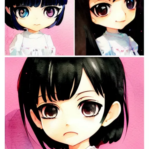 Image similar to collage of, portrait watercolor painting of nendoroid eyes kawaii chibi with black hair and hime cut by krenz cushart ilya kuvshinov pixiv key visual manga cover, artstation