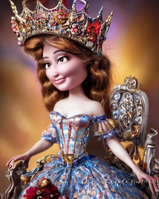 Image similar to highly detailed closeup, face profile portrait of a tin toy fairytale princess wearing a crown and sitting on a throne, bikini, depth of field, fashion photoshoot by nicoletta ceccoli, mark ryden, lostfish, dan decarlo, bob clampett, max fleischer, breathtaking, detailed and intricate environment, 8 k resolution, hyperrealistic, octane render