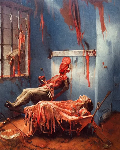 Prompt: old dead couple on couch in a decayed and ruined slaughterhouse room with hanging sides of beef in the style of Francis Bacon and Syd Mead and Norman Rockwell and Beksinski, hanging beef carcasses, blue curtains, slaughterhouse, open ceiling, highly detailed, painted by Francis Bacon and Edward Hopper, painted by James Gilleard, surrealism, airbrush, very coherent, triadic color scheme, art by Takato Yamamoto and James Jean