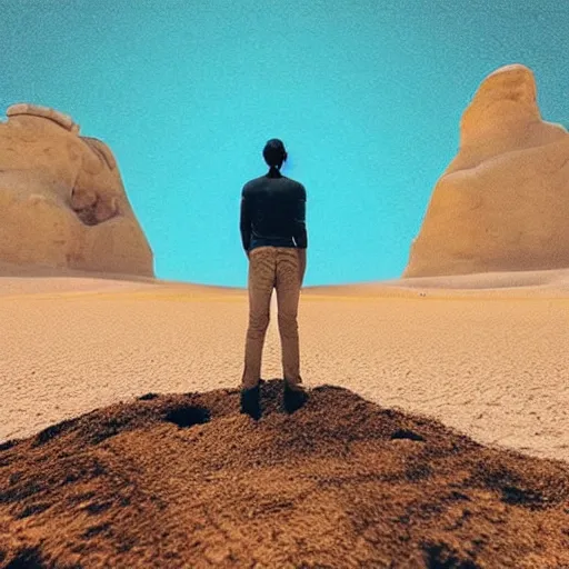 Image similar to “Point of view from behind a lone traveller standing in front of two vast and trunkless legs made of stone with a pedestal at the base in a desert with a half sunk shattered visage of a sneering face protruding from the sand, digital art”