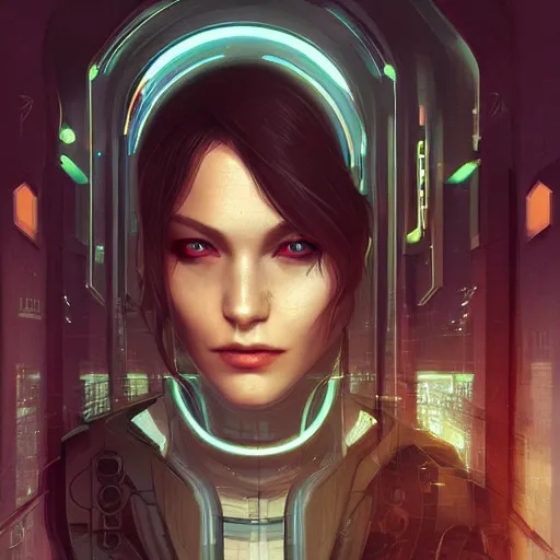 Image similar to portrait of cyberpunk woman looking out of a window, cyberpunk setting, futuristic, highly detailed, intricate lighting, digital painting, sharp focus, illustration, trending on artstation, art by charlie bowater.