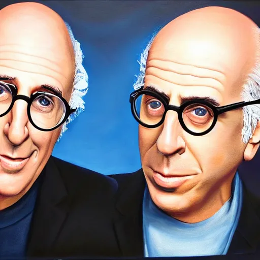 Image similar to realistic painting of larry david and jerry seinfeld as siamese brothers, ultra detailed, soft light, octane rendering, trending on arstation, perfect faces