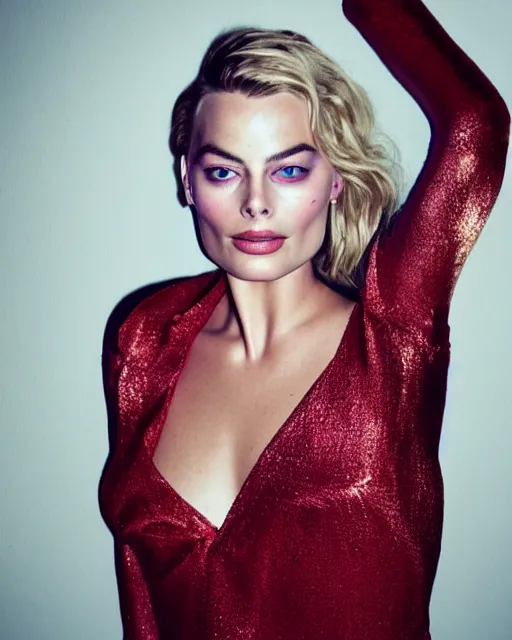 Prompt: dramatic line portrait of margot robbie, colorful glow