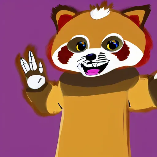 Prompt: friendly cartoon red panda waving hand, game art, arstation