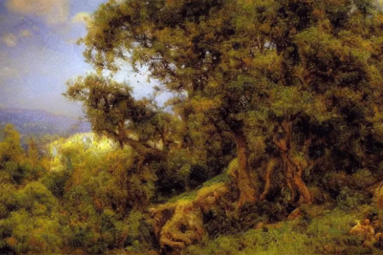 Image similar to masterpiece painting of oak trees on a hillside overlooking a creek, dramatic lighting, by gaston bussiere