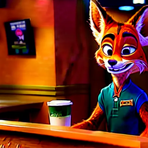 Image similar to Nick Wilde (from Zootopia) dressed in his usual outfit, sitting right across the bar from you.