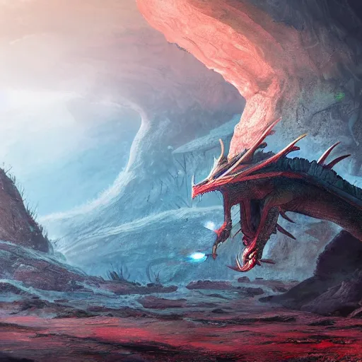 Image similar to dragon on an ancient planet surface, concept art, digital art, 16k resolution. cinematic portrayal, hyper-detail, fine art, super clean and sharp, 35mm wide angle shot.