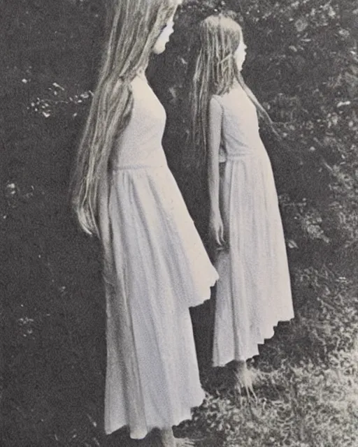 Prompt: “a beautiful and eerie science textbook illustration from the 1970s depicting the girls in white dresses just before they disappeared from hanging rock”