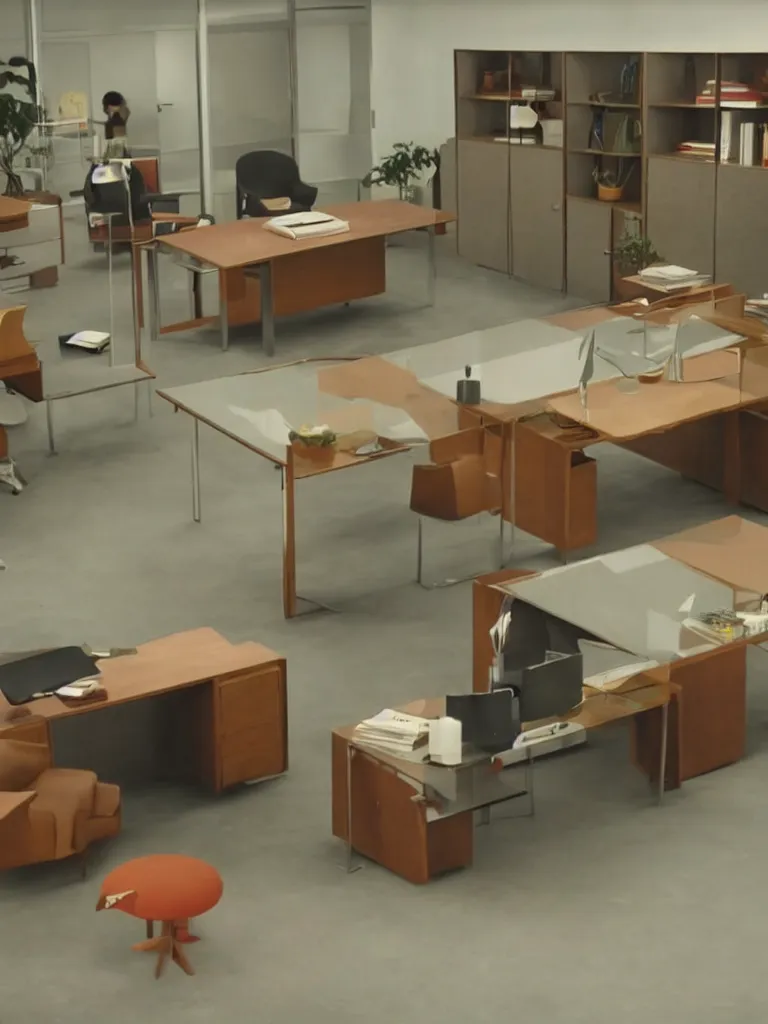 Prompt: a still of severance series ( 2 0 2 2 ) indoor 7 0 s furniture office scenario appearing in a film of jacques tati