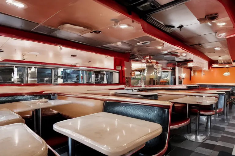 Prompt: 2001 y2k diner, extending forever into the infinite horizon 85mm f/11 interior photography two point perspective