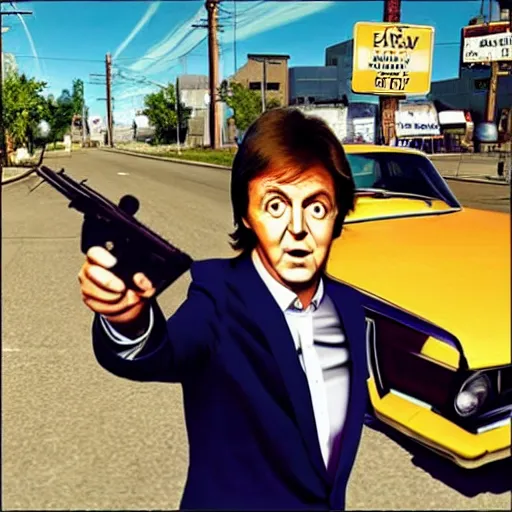 Prompt: Paul McCartney on a gta cover of the game, hyper realistic, HD, HQ, photo realistic