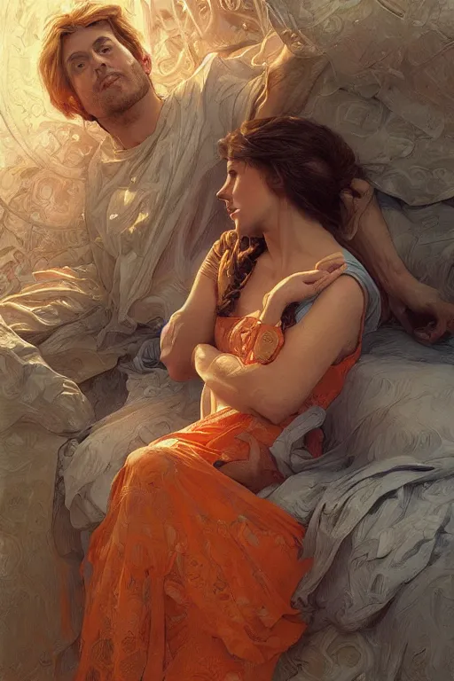 Image similar to portrait of a man in tin - foil hat and orange t - shirt hugging his wife in a bed, feelings, romantic, fantasy, intricate, elegant, highly detailed, digital painting, artstation, concept art, smooth, sharp focus, illustration, art by artgerm and greg rutkowski and alphonse mucha