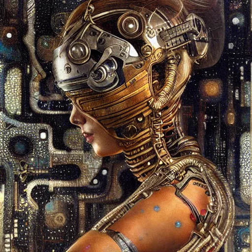 Image similar to well - armed cybernetic female supersoldier, intricate detail, klimt, royo, whealan,