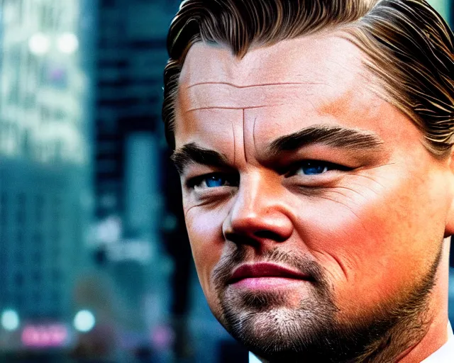 Prompt: leonardo dicaprio as the wolf of wall street, cinamtic, long shot, hyper detailed, hyper realistic face, 8 5 mm photograph, 8 k resolution, film still, sharp lens, wide lens