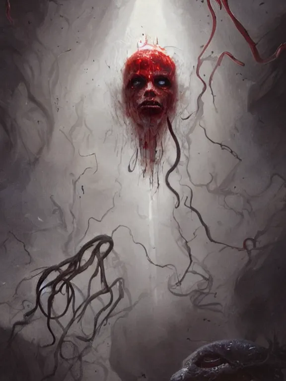 Image similar to painting by greg rutkowski of a flying sorrowful looking human head with tears running down it's eyes, face that is chalk white in color, with long sprawling white tentacles stemming down it's neck, fiery scorching red eyes, flying in a terrying hellish dark cavernous place