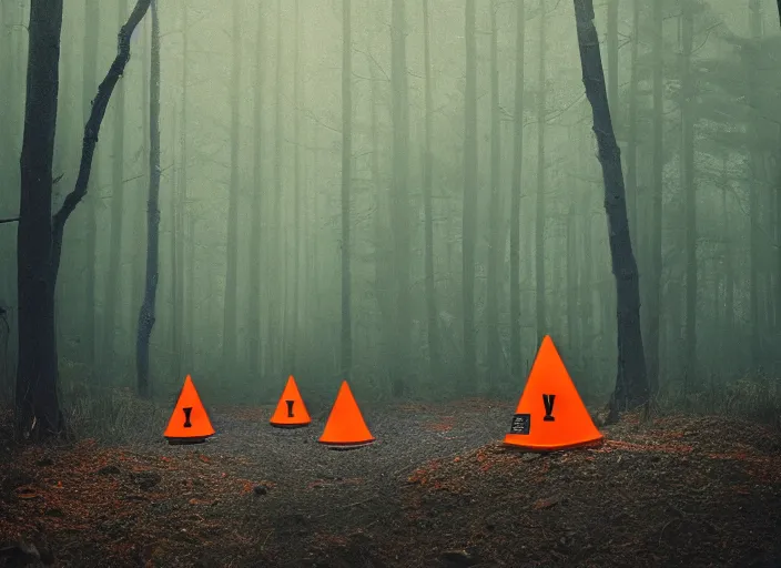 Image similar to a few orange safety cones in a beautiful strange forest, a lonely black hairy beast in the distance, cinematic painting by james jean, atomspheric lighting, moody lighting, dappled light, detailed, digital art, limited color palette, wes anderson, 2 4 mm lens, surreal