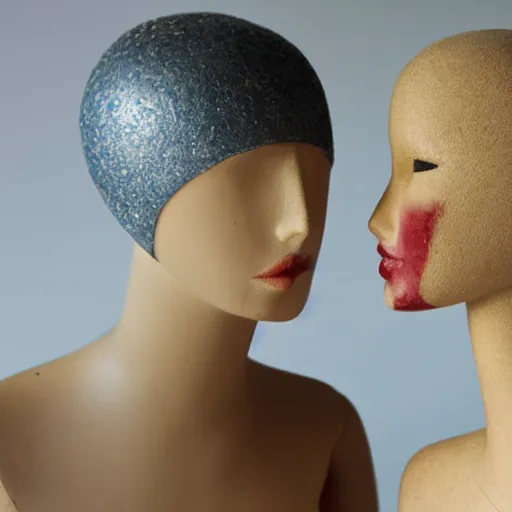 Prompt: two female mannequins kissing and holding hands