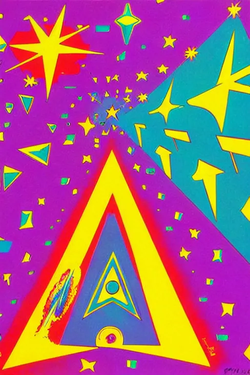 Image similar to original screen print, very detailed symmetric!! 6 0 s artwork by peter max of people flying admist huge crystal shards in space, hd, psychedelic