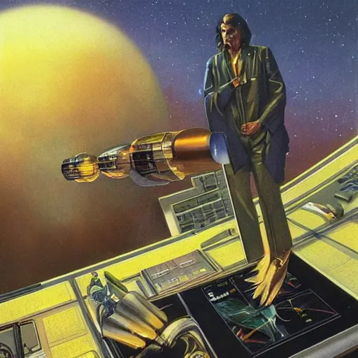 Image similar to a cryptocurrency researcher, 1 9 7 0 s sci - fi paperback cover art by peter elson