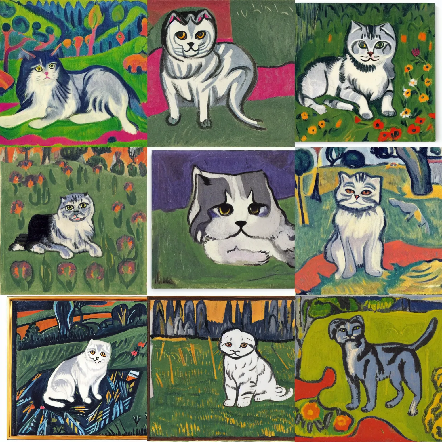 Image similar to a gray scottish fold sitting in the middle of sunny meadow, by ernst ludwig kirchner