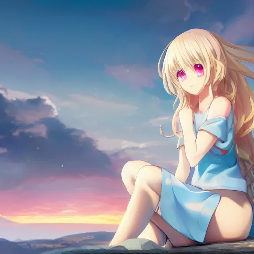 Image similar to a giant very beautiful anime girl, full body, long wavy blond hair, sky blue eyes, full round face, short smile, cute top, miniskirt, sitting on a miniature city, cinematic lightning, medium shot, mid-shot, highly detailed, trending on Artstation, Unreal Engine 4k, cinematic wallpaper by Stanley Artgerm Lau, WLOP, Rossdraws, James Jean, Andrei Riabovitchev, Marc Simonetti, and Sakimichan