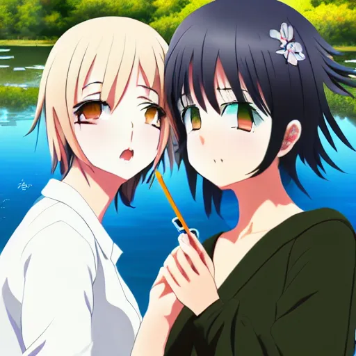 Prompt: two beautiful lesbian girls in love, smoking a weed joint with smoke, sitting in front of a lake, in the style of anime, close - up, highly detailed face, 4 k, artstation, intricate, elegant, highly detailed, lush, stylized, japanese, smooth