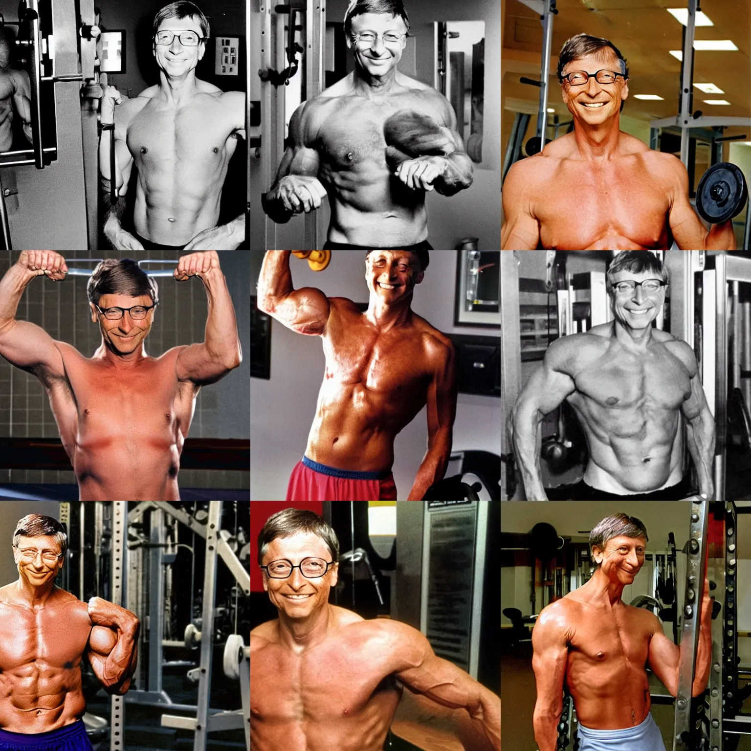 Prompt: real photograph, very muscular!! shirtless bill gates pumping iron, photo mid shot