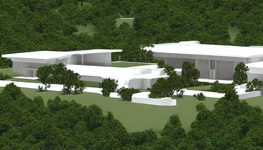 Image similar to white temple house inspired by tibetan and modernist architecture, on a green hill, overlooking a valley with trees, frank lloyd wright, realistic render, birdseye view