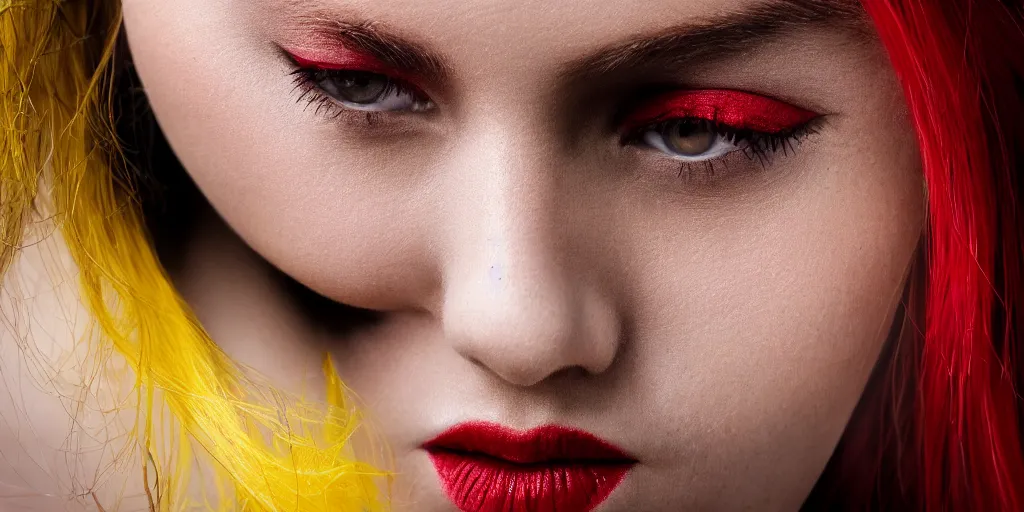 Image similar to a close up photo of a beautiful young woman with accents of yellow and red. Moody and melanchony