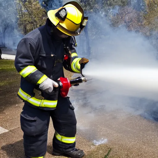 Prompt: a firefighter extinguishing a fire with a flamethrower