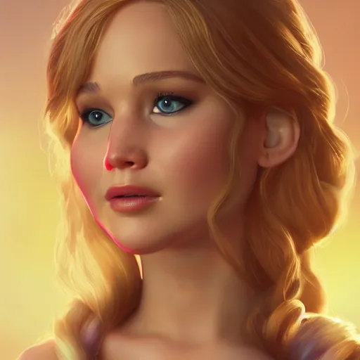 Image similar to jennifer lawrence as disney princess, high quality illustration, trending on artstation, octane render, 4 k, pixar rendering,