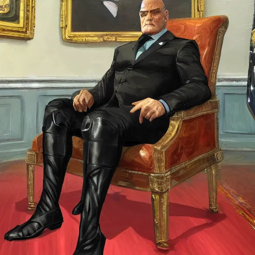 Image similar to senator armstrong from metal gear rising revengeance sitting in oval office, oil painting, presidential portrait