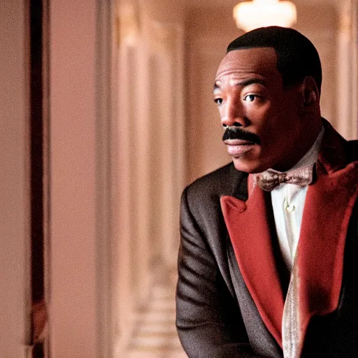 Image similar to a cinematic film still of Eddie Murphy starring in The Shining, portrait, 40mm lens, shallow depth of field, close up, split lighting, cinematic