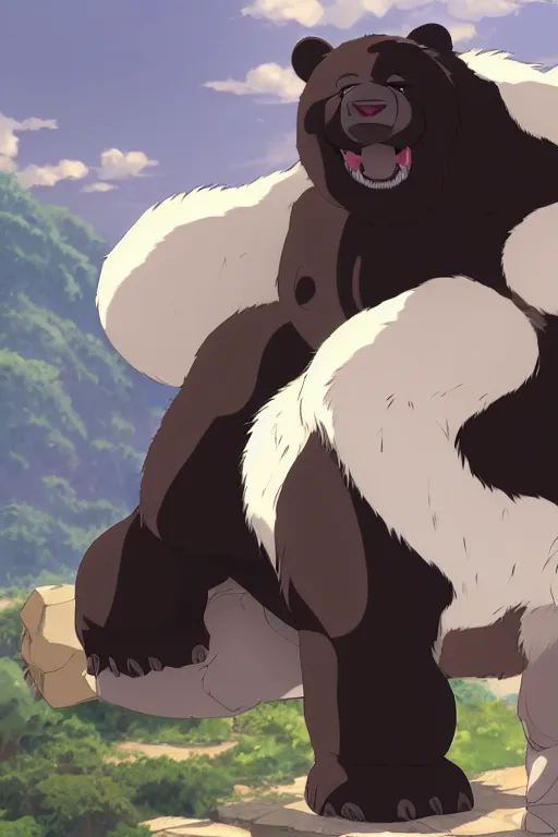 Image similar to overweight heavily scarred bear with black fur wearing a white loincloth, fursona, anthro, male, anime key visual, detailed fur, makoto shinkai