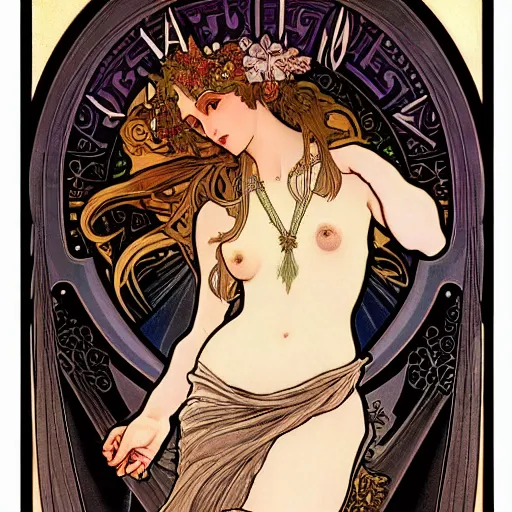 Image similar to a beautiful!!! feminine alchemical illustration of The Baphometress by Alphonse Mucha, highly detailed masterpiece, stunning!, black background, zoomed out to show entire image, trending on ArtStation