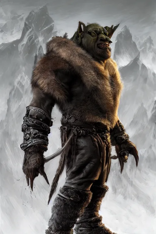 Image similar to A full body shot of a handsome orc looking into the camera wearing a leather fur jacket and boots, full body shot, detailed face, artstation, realistic, highly detailed, symmetrical, hyper realistic, dynamic pose, high detail, octane render, unreal engine, 8k, fantasy art, highly detailed, concept art