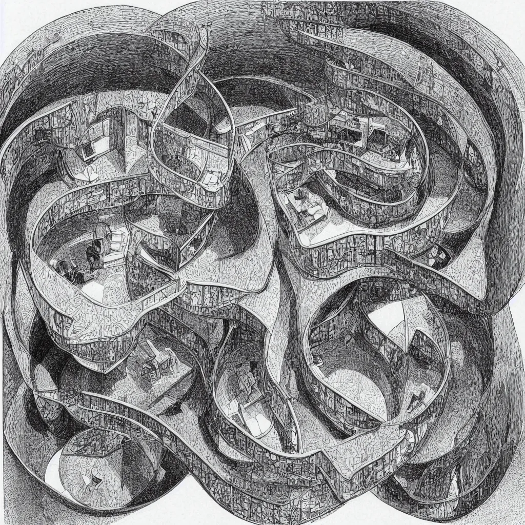 Image similar to detailed torus shaped house, illustrated by m. c. escher