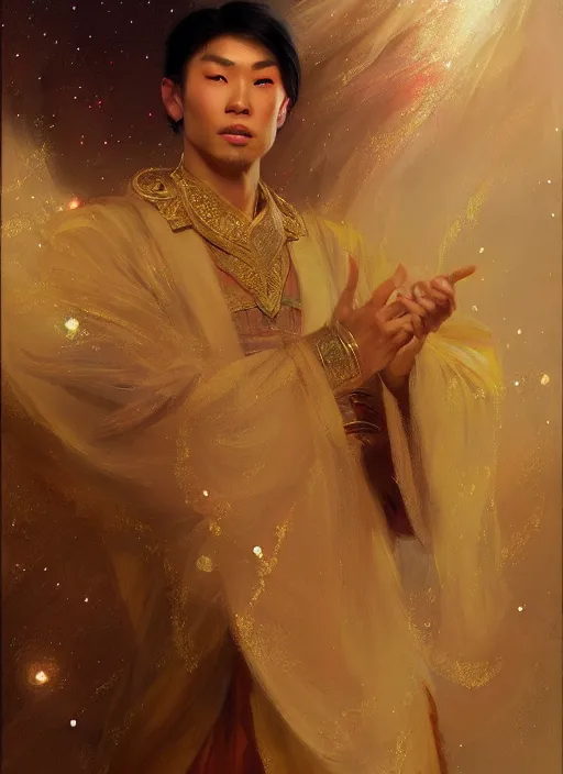 Prompt: young asian man, god of starlight, short flowing hair, modest flowing gown, smug expression, highly detailed painting by gaston bussiere, craig mullins, j. c. leyendecker 8 k, sparkling nebula