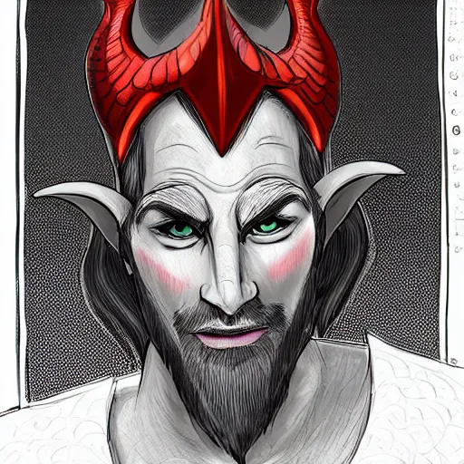 Image similar to dnd render of a male tiefling, red scales, a big black beard, completely golden eyes, 1 curved horn growing out of his forehead, one broken horn growing out of his forehead,