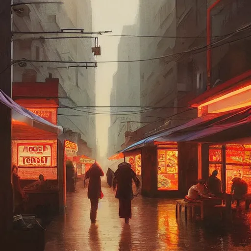 Prompt: people eating at street food noodle shop, chillwave, electronic billboards, tech noir, wet reflections, atmospheric, ambient, livia prima, greg rutkowski, edward hopper, pj crook