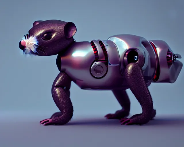 Image similar to futuristic ferret - shaped robot, robotic ferret - shaped 3 d octane render, cyberpunk ferret - shaped mechanical robot by mickael lelievre and remi cuxac