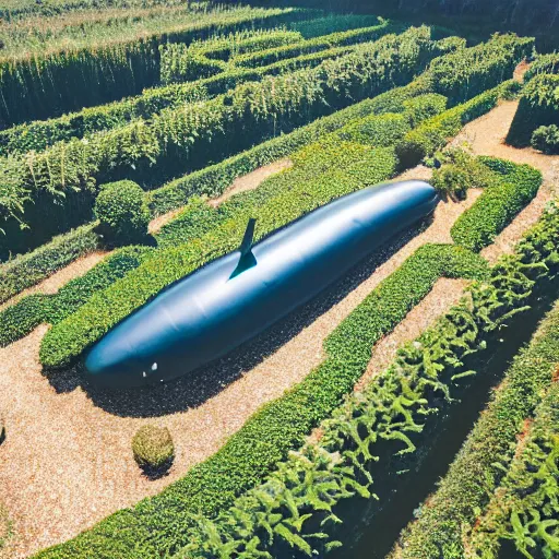 Image similar to drone footage of a submarine in a hedge maze