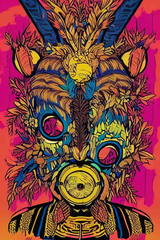 Image similar to animal mask totem roots flower tribal feather gemstone plant wood rock shaman vodoo video game vector cutout illustration vivid multicolor borderlands comics by josan gonzales and dan mumford radiating a glowing aura