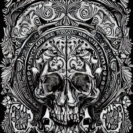 Image similar to detailed rotten skull corpse with fractal plants and fractal flowers and mushrooms growing around, symmetrical, ornate, ornamentation, illustration, in the style of onz _ blk, black and white