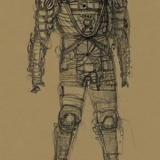 Image similar to steampunk flight suit, Leonardo da Vinci sketch,