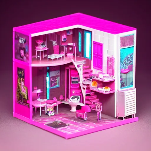 Image similar to a cute pink cyberpunk tiny doll house, barbie house by mattel, cute little garden, octane rendered, led lighting, 4 k